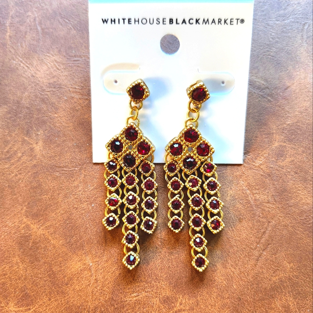 WHBM Gold tone chandelier earrings with red stones